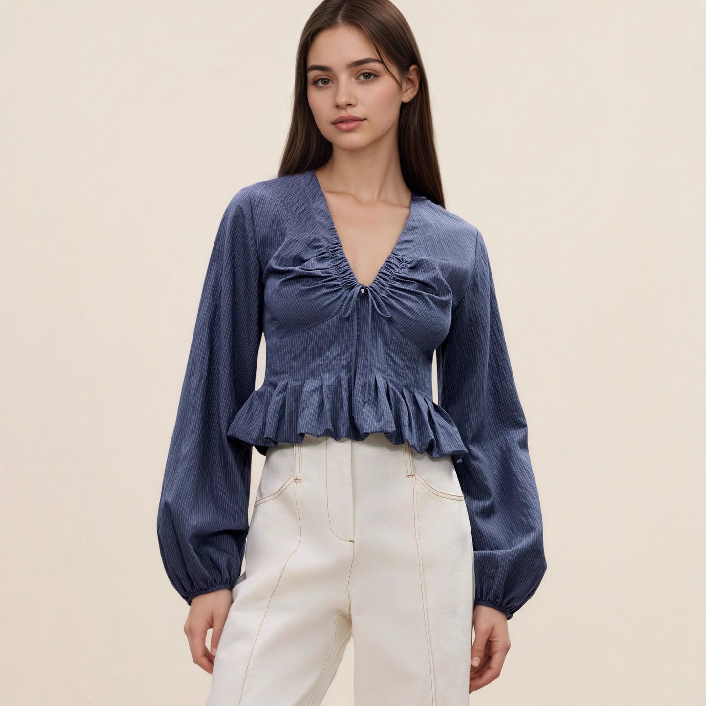 Gentle V-neck Top With Drawstring And Ruffled Hem Detailing