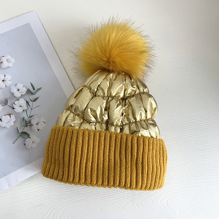 Women's Down Shiny Knit Hat With Fur Ball