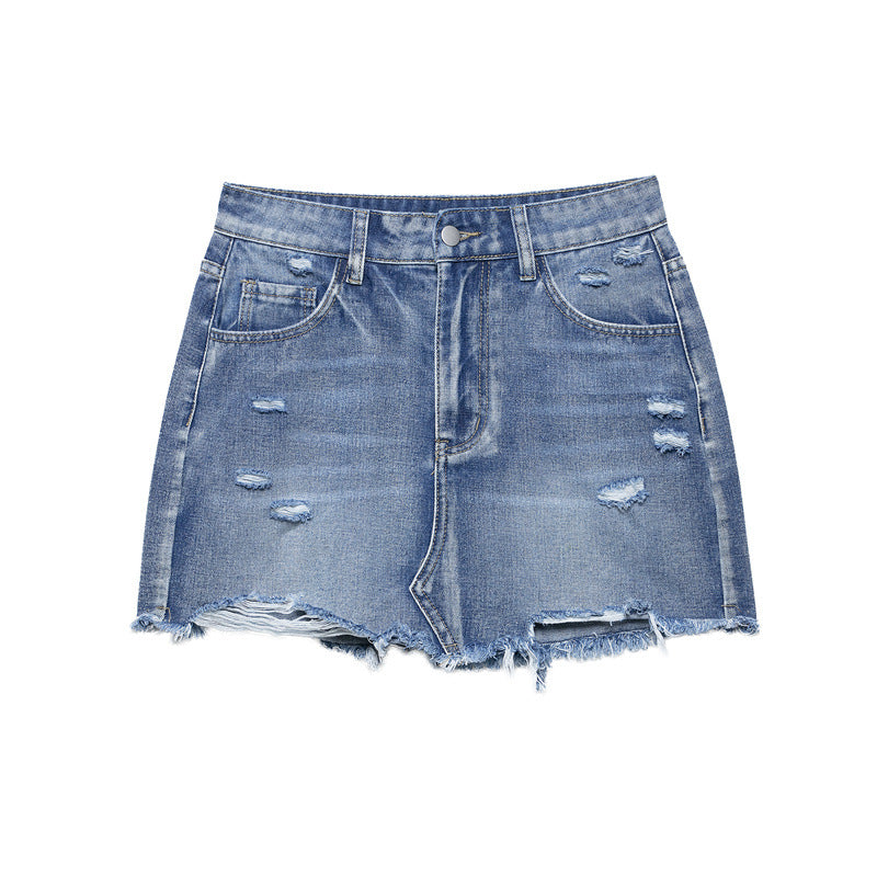 European And American Style Fashion Casual Simple Hole Denim Mini Skirt