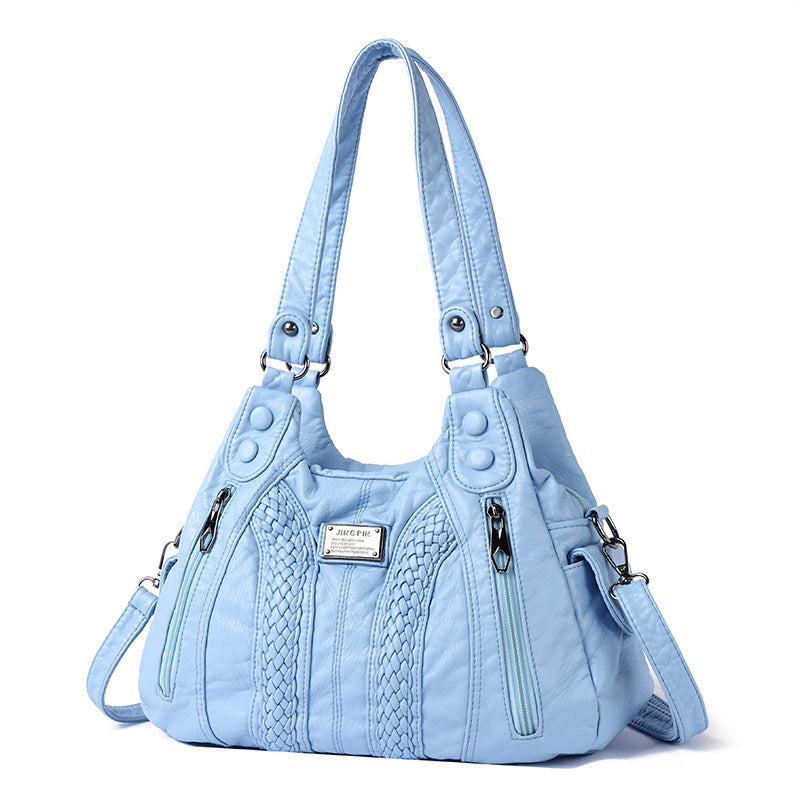 Real Washed Leather Woven Locomotive Commuter Large Capacity Soft Leather Portable Shoulder Bag For Women