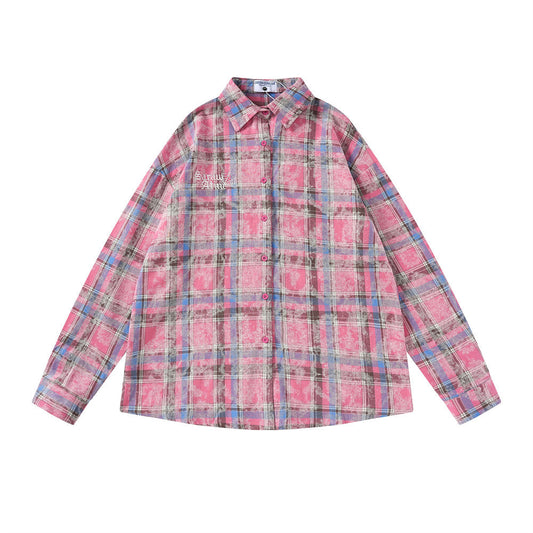 Contrast Color Check Long Sleeve Shirt Men's Spring And Autumn Loose
