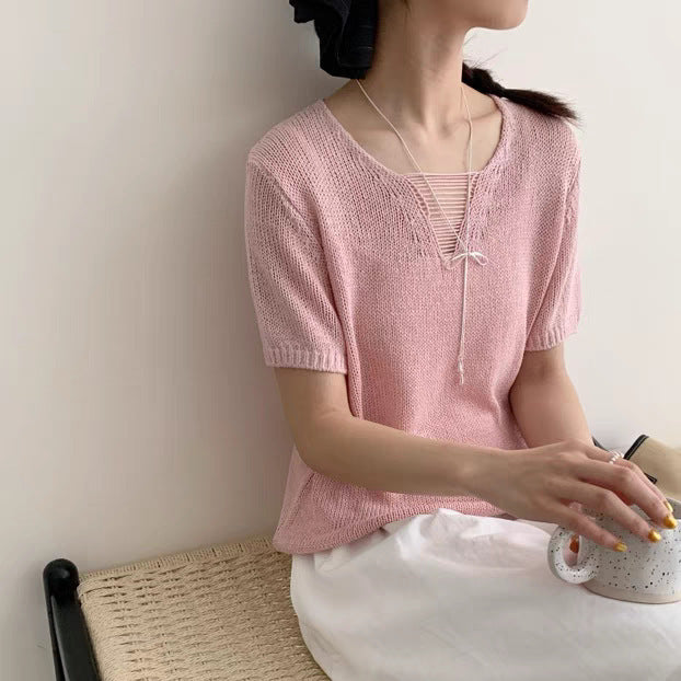 Fashionable Candy Color Gentle Hollow Out V-neck Short Sleeve
