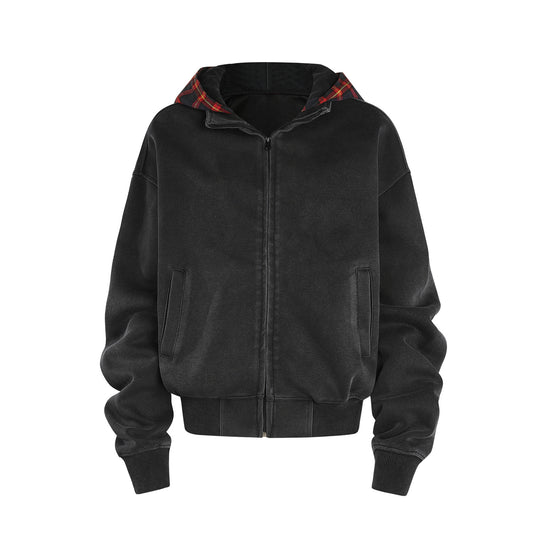 Heavy Washed Old Autumn And Winter American Fake Two-piece Plaid Hooded Zipper Sweatshirt