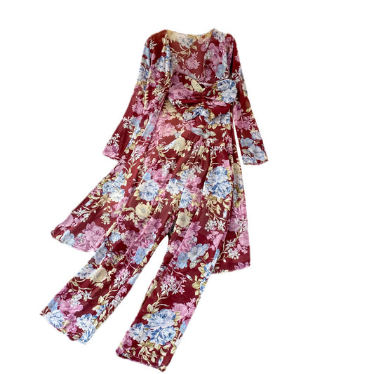 Mid-length Floral Chiffon Cardigan Three-piece Set Tube Top Short Type
