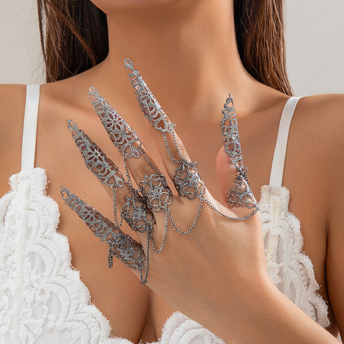 Ornament Gothic Style Hollow Tapered Fingernail Cap Ring Niche Metal Tassel Ring