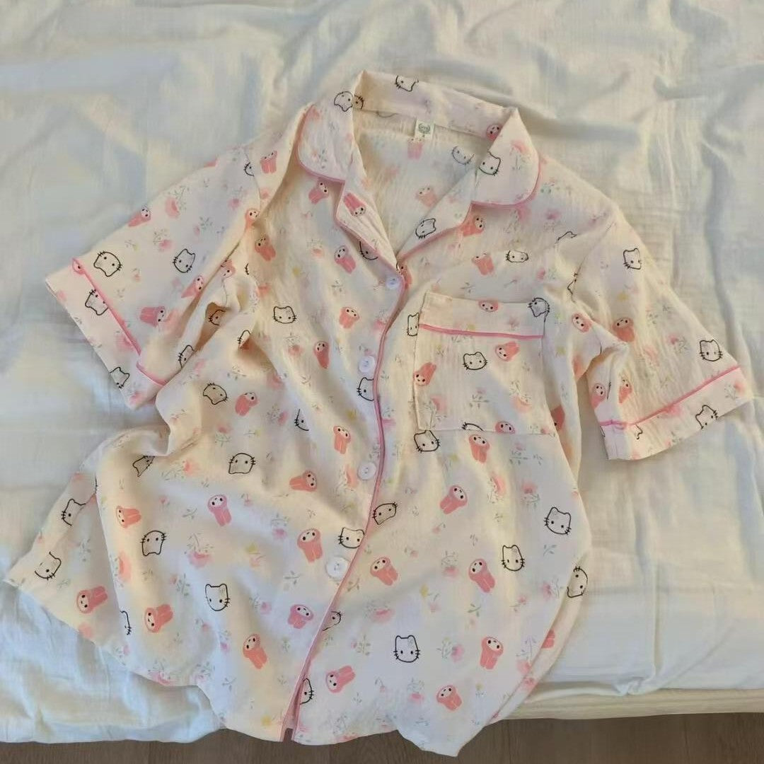 Womens Summer Pajamas Short-Sleeve Top And Shorts Set Cute Lovable Design Perfect For Both Home Wear And Outings