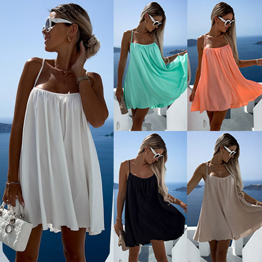 Women's Solid Color Round Neck Sleeveless Loose Strap Dress