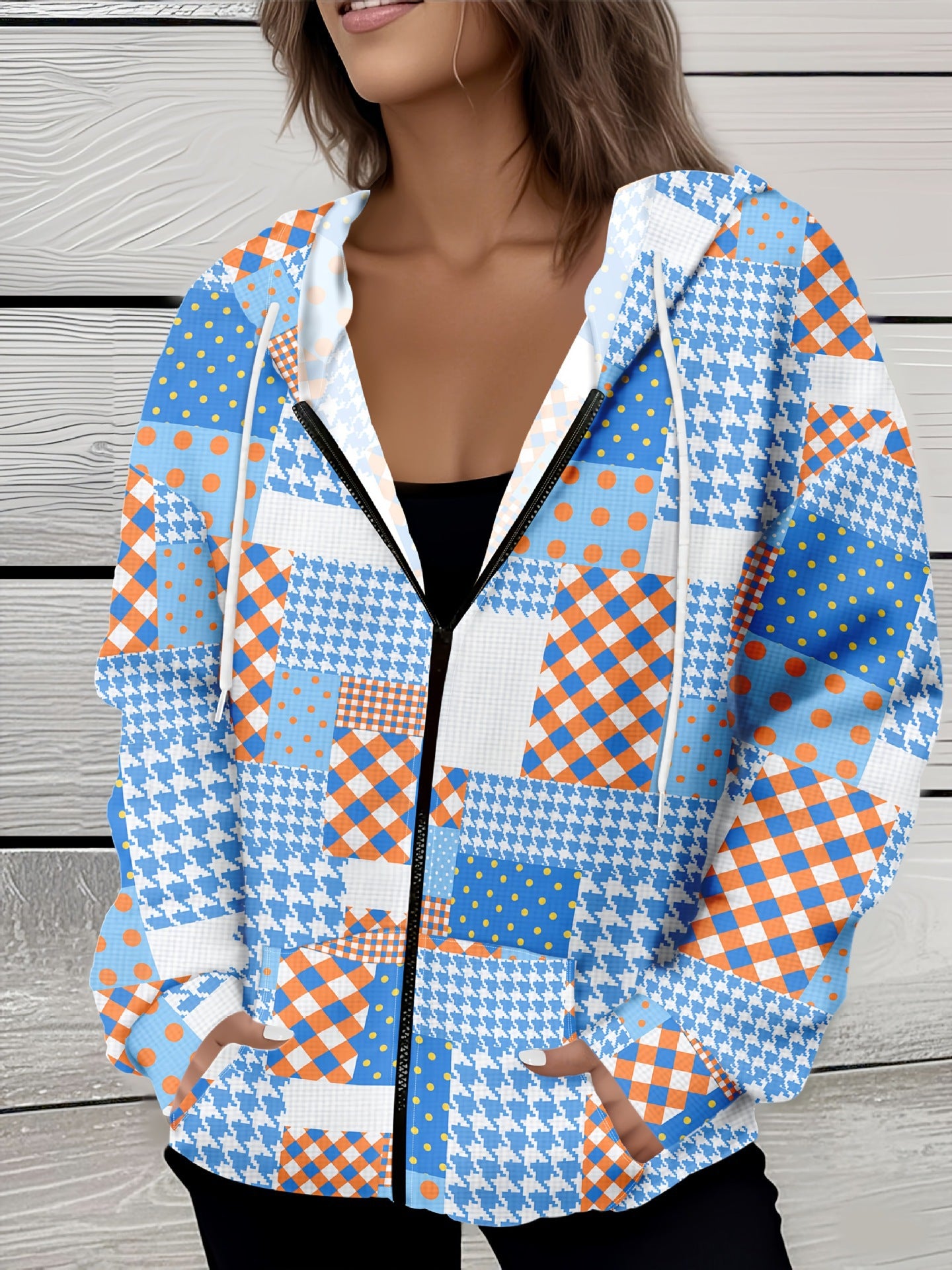 Casual All-matching Fashion Trendy Plaid Stitching Breathable Zipper Sweater