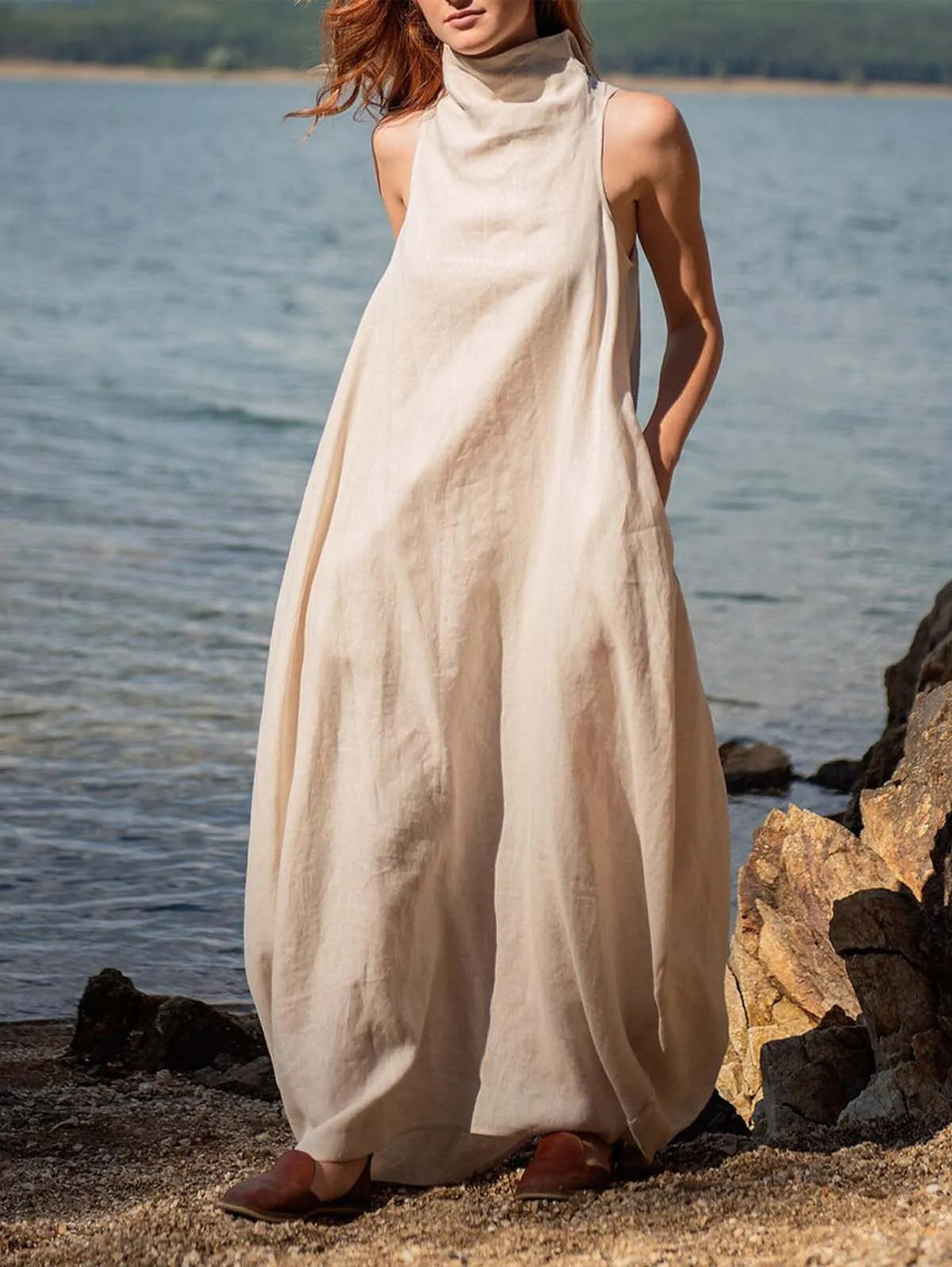 Leisurely Fashion Ladies Stand Collar Back Wrinkle Linen Extra Long Dress