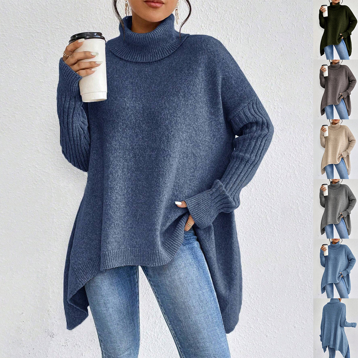 Uregelmæssig rullekrave-sweater Vinter løs langærmet striktoppe Fritids varm pullover-sweater Dametøj