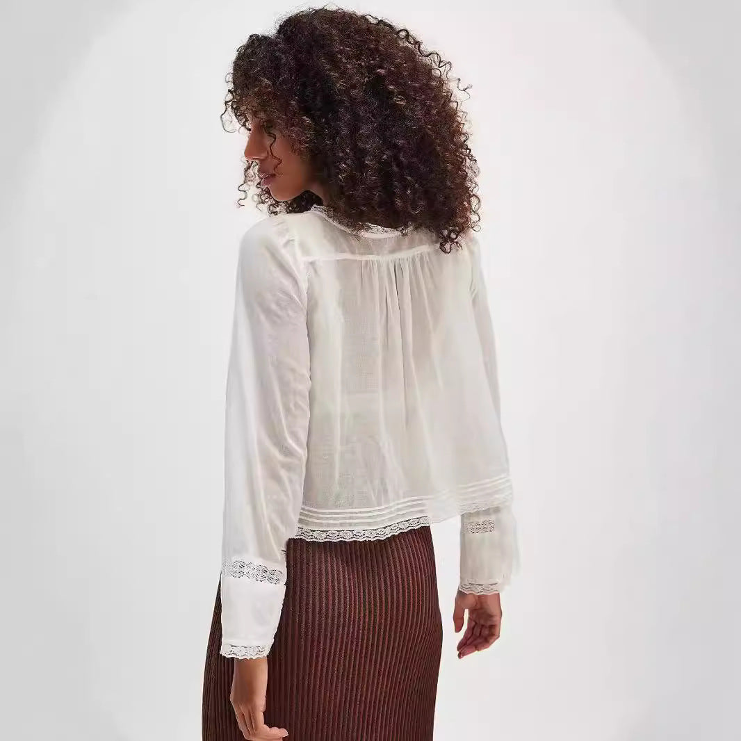 Lace U-shaped Lace Collar Long Sleeve Light Shirt