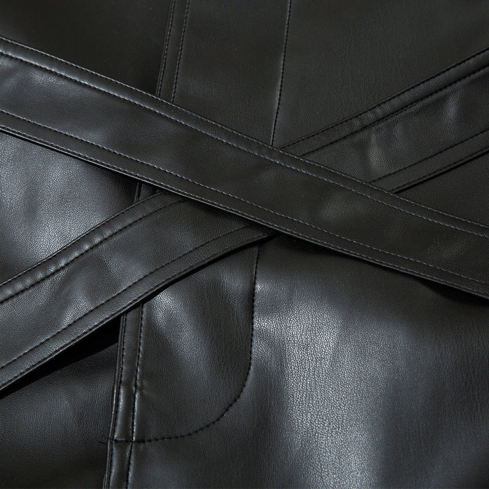 American Style With Belt Mid-length PU Leather Coat For Men Autumn And Winter
