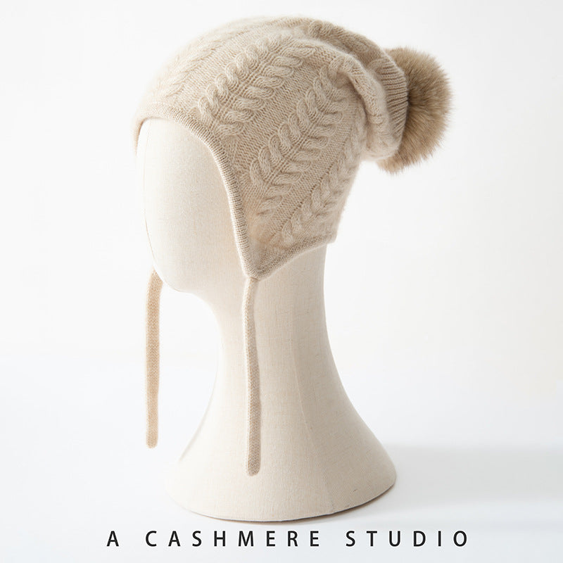 Autumn And Winter New Cashmere Ear Protection Twisted Thickened Solid Color Wool Knitted Hat