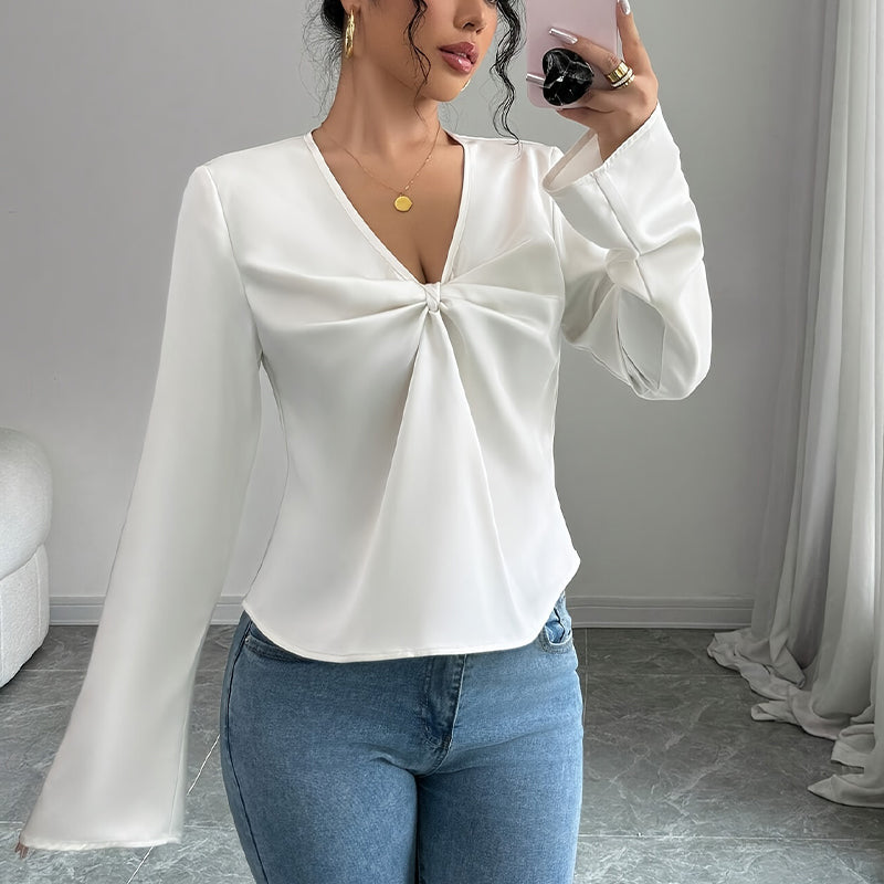 Women's Elegant Solid Color V-neck Ruffled Front Flared Sleeve Shirt