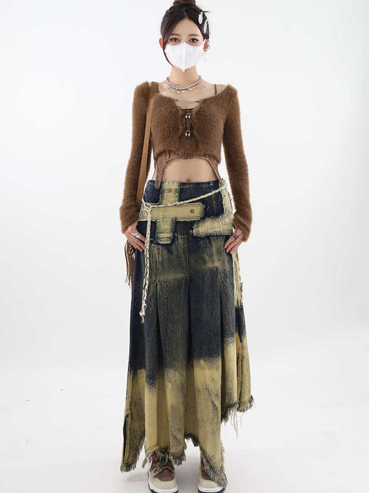 Irregular Patch Distressed Raw Edge Denim Skirt