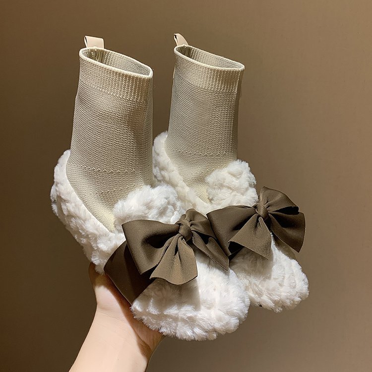 Women's Plush Shoes Autumn And Winter Bow And Velvet