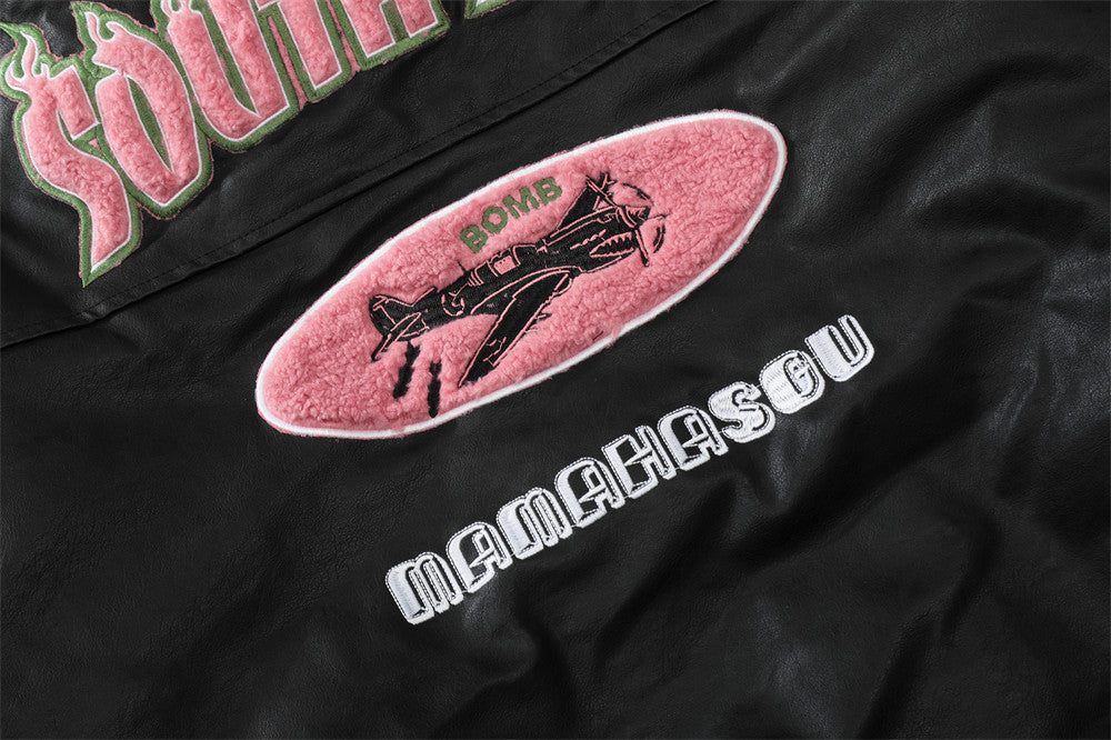 Flame Letter Flocking Embroidery Motorcycle PU Leather Jacket Men's Color Contrast Patchwork Fur Lapel Leather Coat