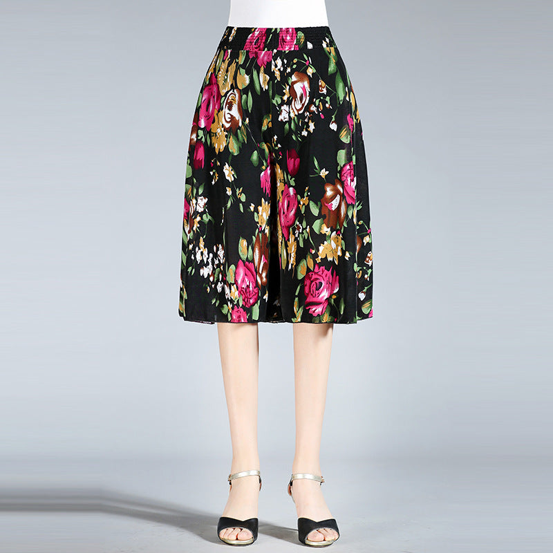 Summer Middle-aged And Elderly Women's Floral Elastic Waist Culottes