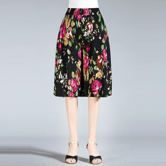 Summer Middle-aged And Elderly Women's Floral Elastic Waist Culottes