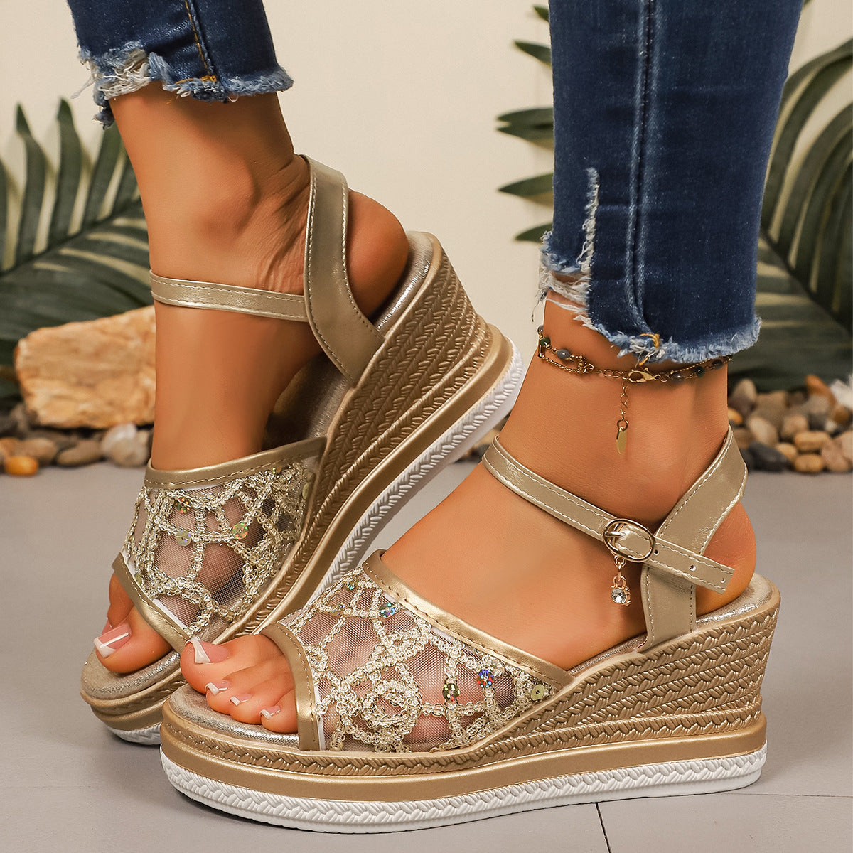 Women's Mesh Peep-Toe Platform Large-Size Sandals