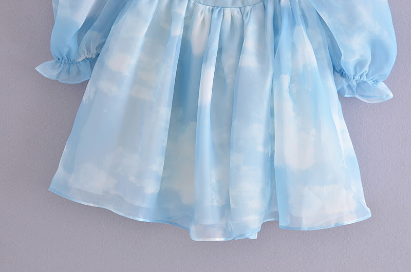 Fashion Smudged Blue Sky Cloud Puff Sleeve Dress Women
