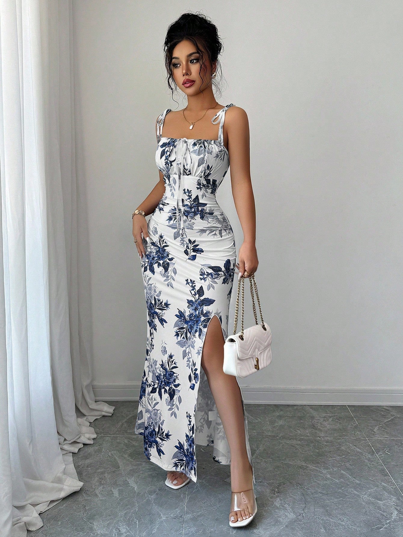 Printed Slip Dress, High-waisted Floral Maxi Dress