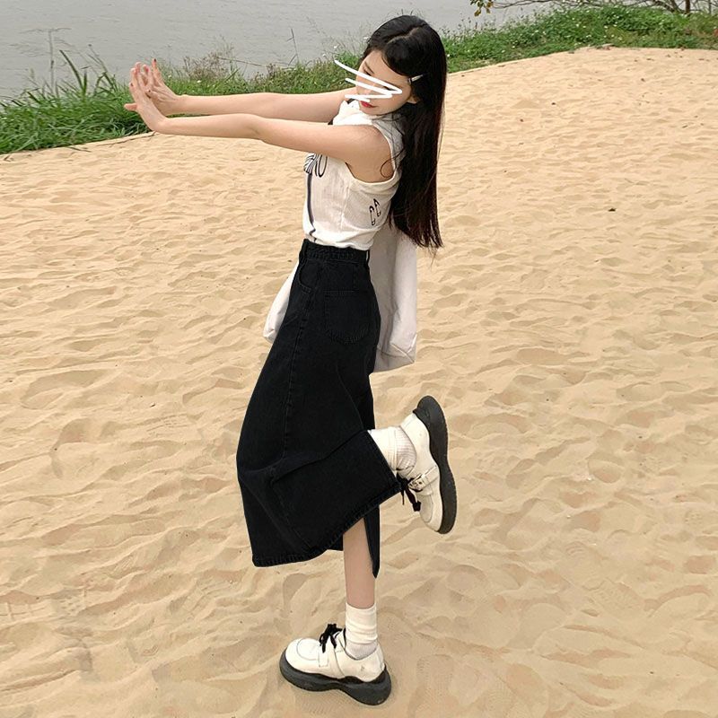 High-waisted Slit Denim Skirt A-line Midi Skirt