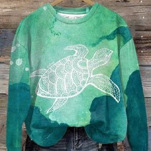 Kvinders Efterårs- og Vintertrends Digitaltrykt Rundhalset Sweater med Slidsede Skuldre og Lange Ærmer