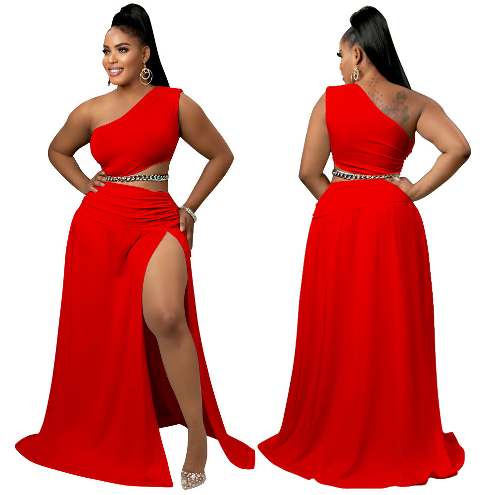 Ensfarvet off-shoulder sexet bodycon todelt sæt