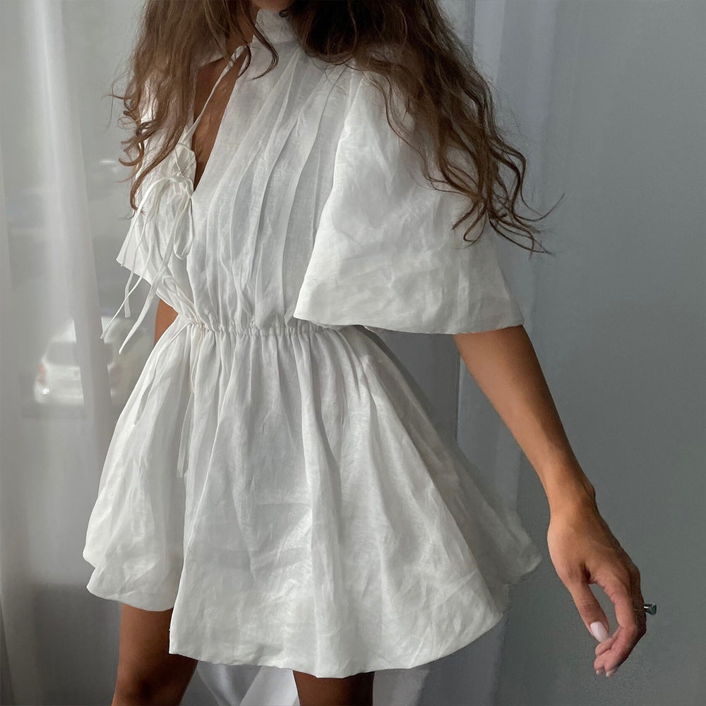 Stand-collar Sweet Lace-up Pleated Waist-cinched A-line Dress