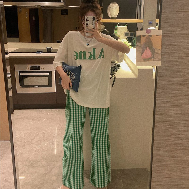Loose Casual Simple Plaid Homewear Two-piece Suit