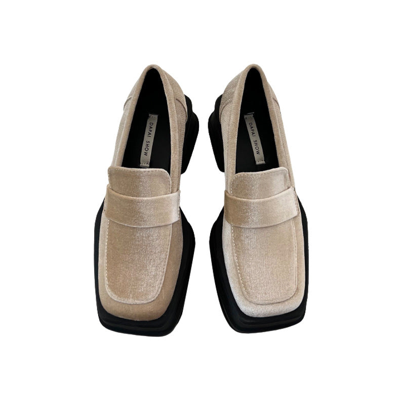 British Style Vintage Guld Fløjl Chunky Hæl Plateau Loafers til Kvinder