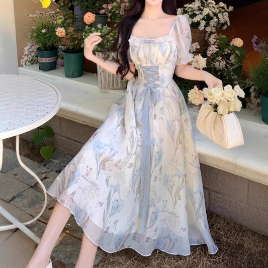 Elegant Floral Lace-Up Waist Dress For Women