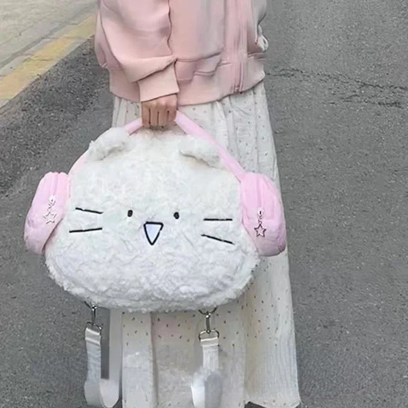 Cute Earphone Cat Backpack Plush Student Travel All-matching