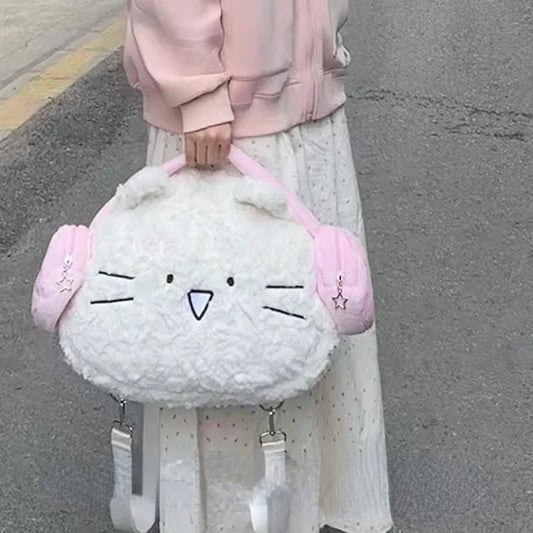 Cute Earphone Cat Backpack Plush Student Travel All-matching