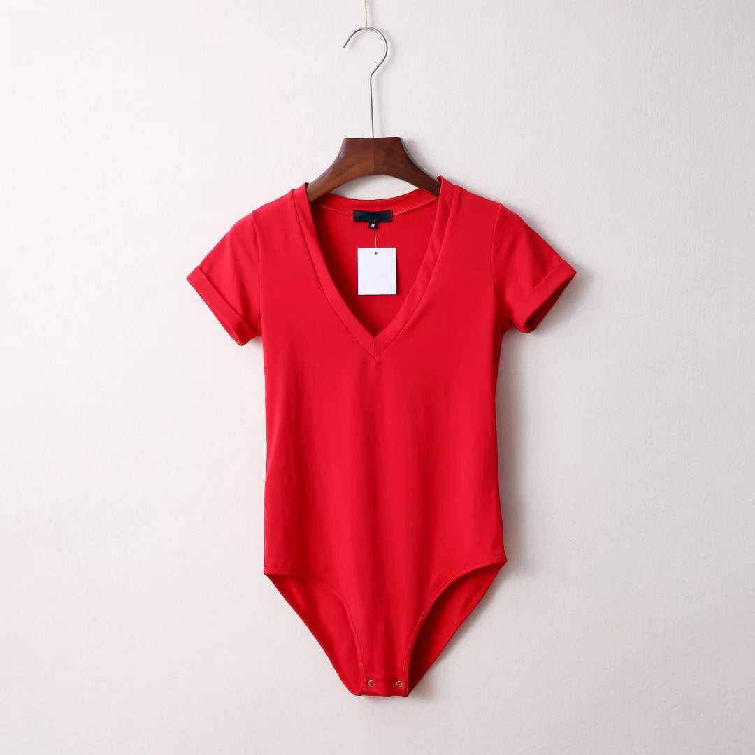 Women's Fashion Solid Color Stretch Slim V-neck Short Sleeve Rompers
