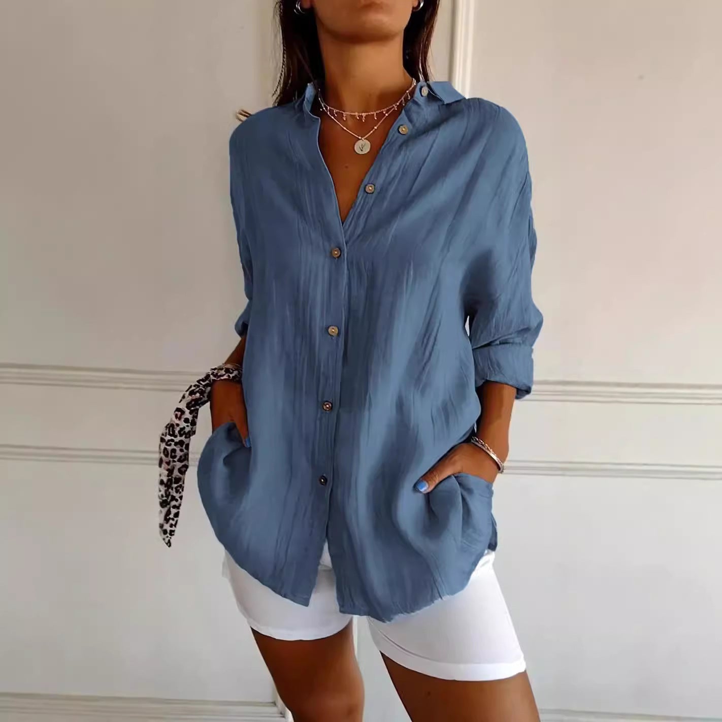 Women's Single-breasted Pleated Lapel Shirt