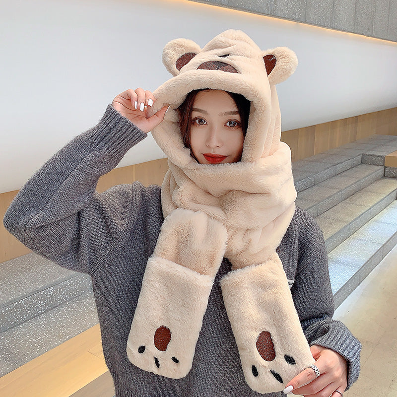Korean Version Of Cute Bear Ears Warm Hat And Scarf One Thick