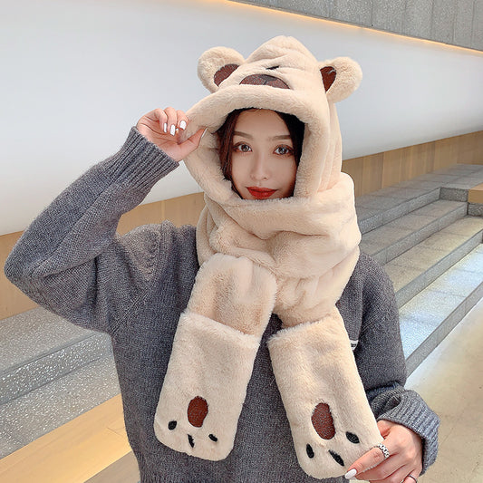 Korean Version Of Cute Bear Ears Warm Hat And Scarf One Thick