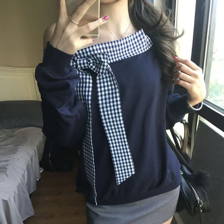 Fashion Plaid Off-shoulder Langærmet T-shirt til kvinder