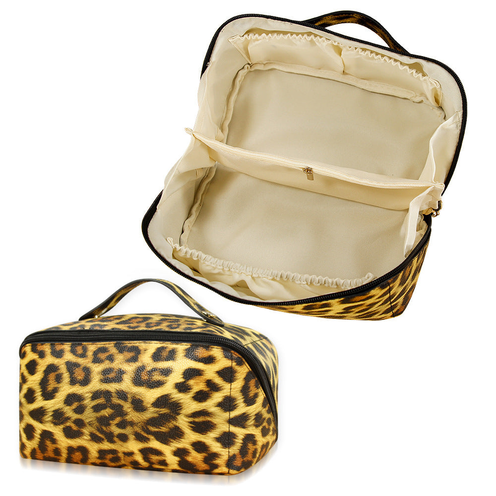 Women's Leopard PU Leather Wash Makeup Storage Bag Large Capacity Multifunctional