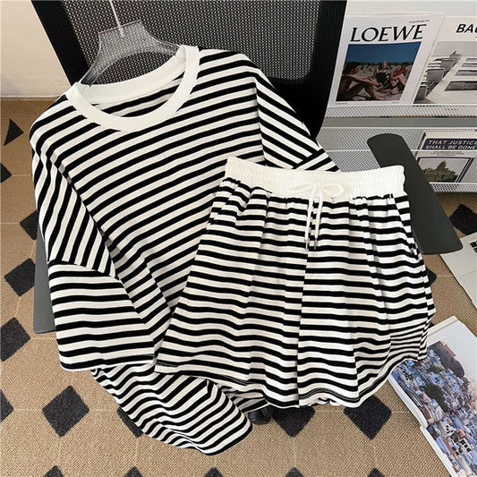 Plus-Size Preppy-Style Striped Casual Sportswear Set