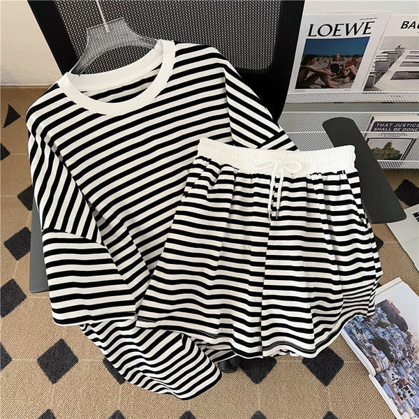 Plus-Size Preppy-Style Striped Casual Sportswear Set