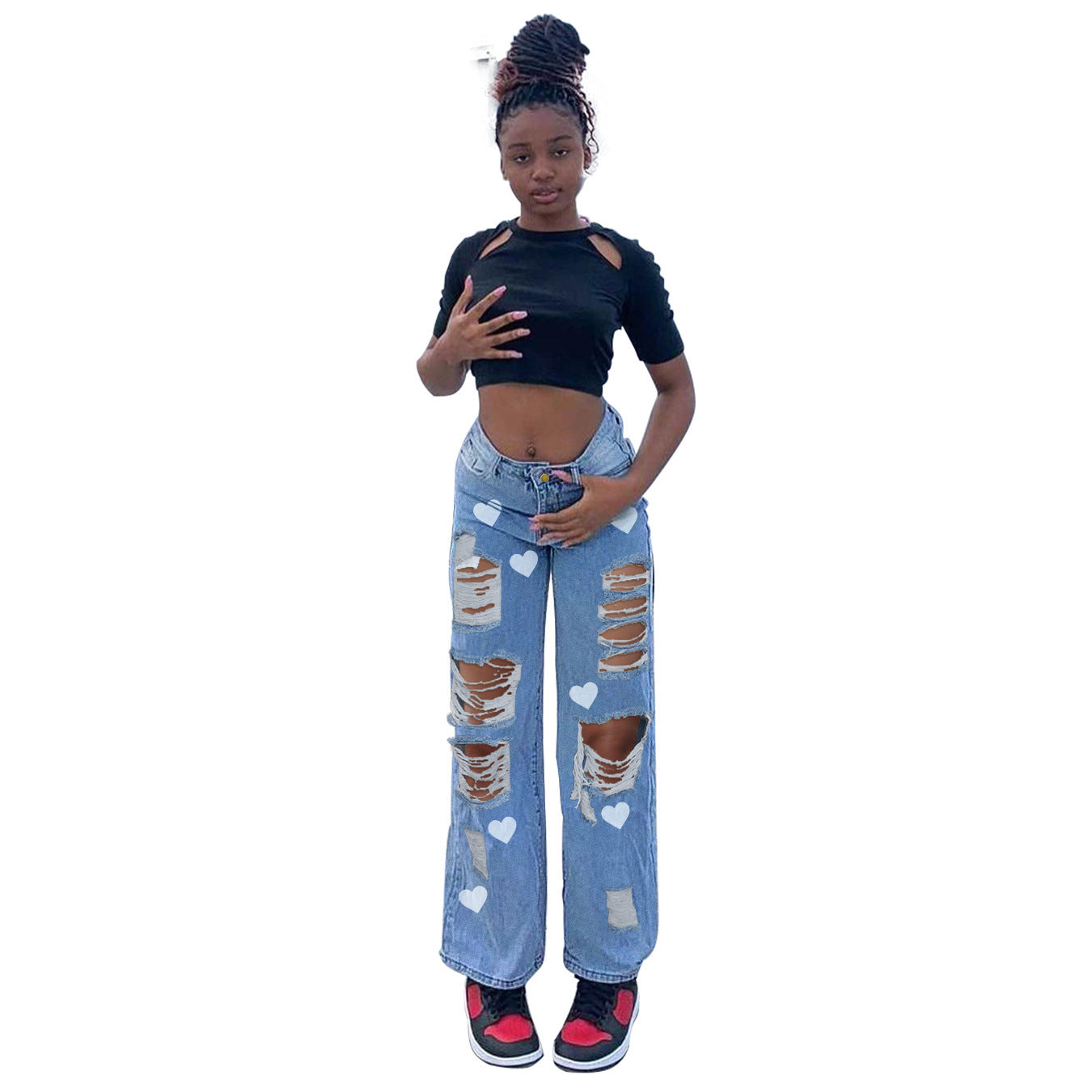 Fashion Trend Ripped Denim Straight-leg Pants