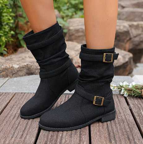 Square Heel Round Toe Women's Denim Leather Boots