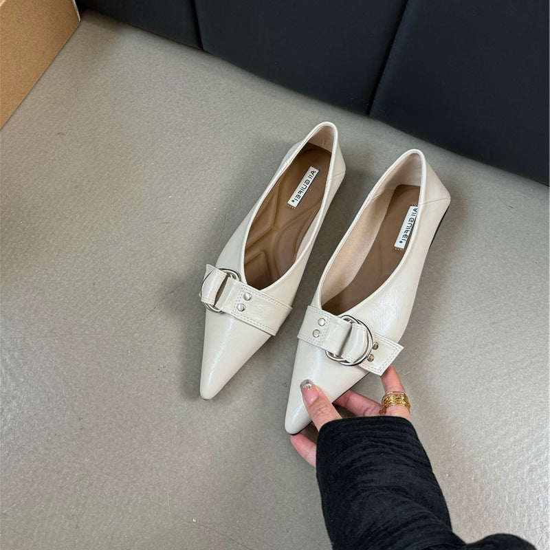 Metal Belt Buckle Soft Bottom Granny Shoes French Pointed Flat Bottom Pumps