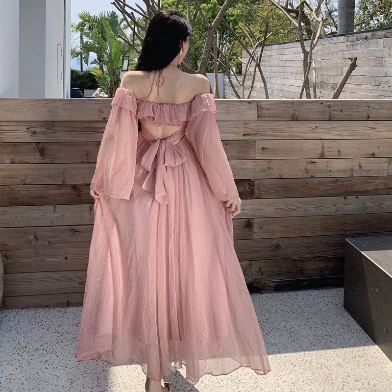 Off Shoulder Neck Seaside Holiday Dress For Women