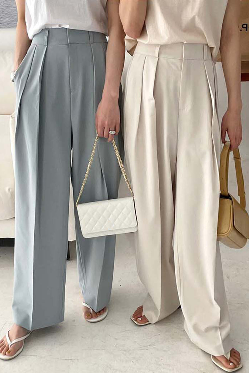 High Waist Pleated Design Loose Casual Drape Straight Wide Leg Suit Pants