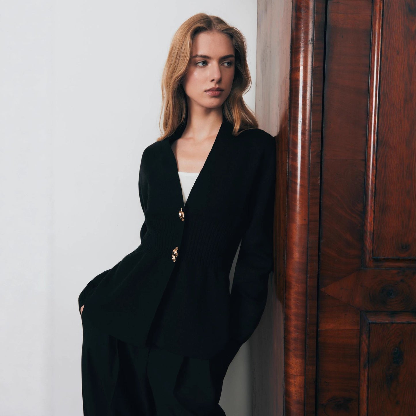 Metal Button Cardigan V-neck Long Sleeve Slit Sweater Women
