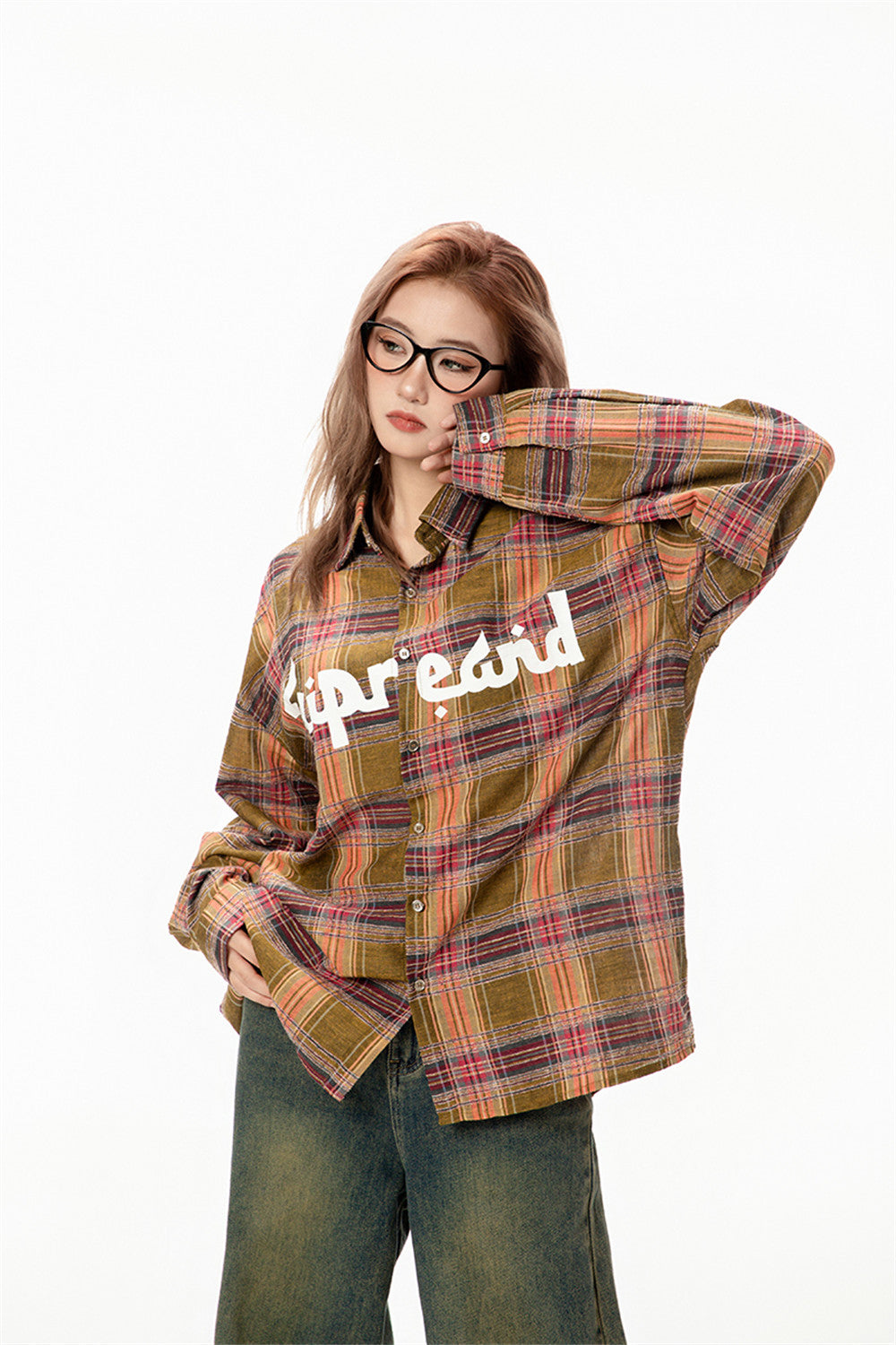 Color-contrast Check Letter Printed Long Sleeve Shirt